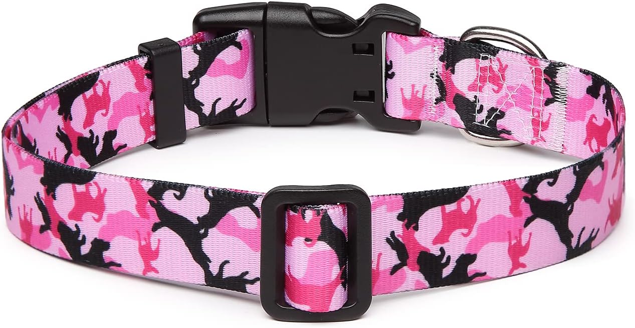 Mercano Adjustable Dog Collar - Special Design Patterns, Soft Nylon Comfortable Sturdy Pet Collar for Small Medium Large Dogs (M, Dog Camouflage Pink)