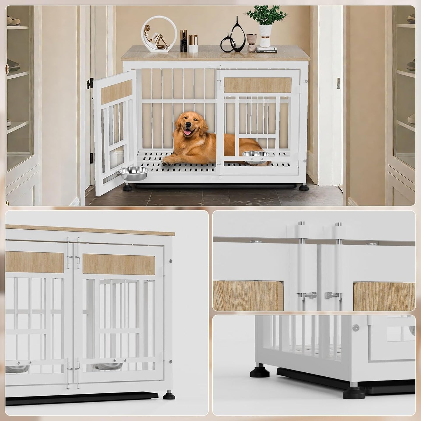 Dog Crate Furniture End Table, 38 Inch Hidden Kennel Cabinet with Removable Tray, Thickened Metal Frame Dog Cage, Dual-Purpose Pet House & Nightstand for Living Room