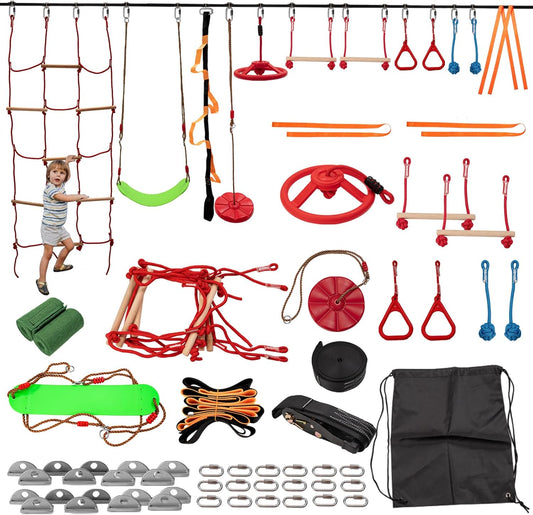 Slsy 60FT Ninja Warrior Obstacle Course (13 Obstacles), Ninja Slackline Kit for Kids, Durable Playset Equipment with 13 Most Complete Set-Monkey Bar,Swing, Balance Belt, Climbing Ladder & Net