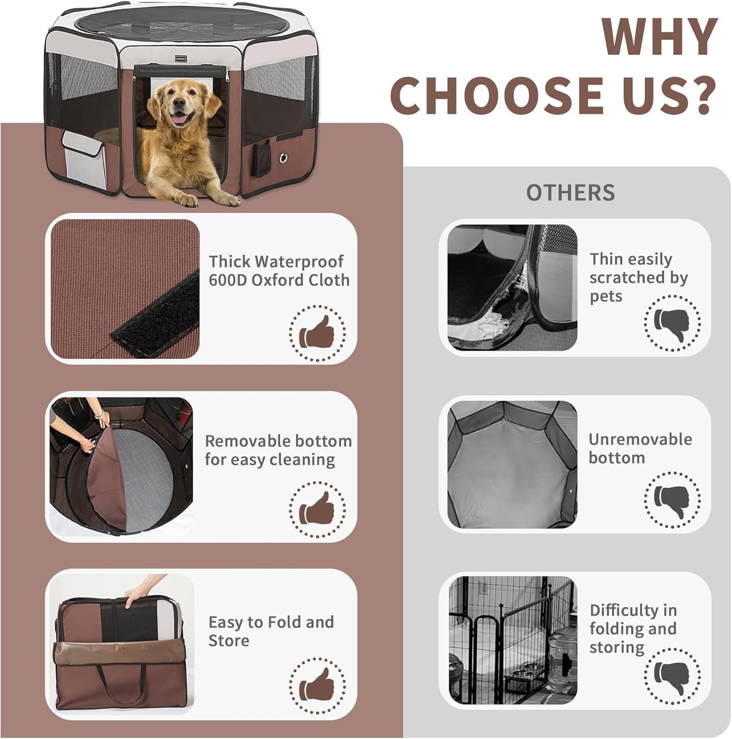 DONORO Dog Playpen 46" Portable Pet Play Pens for Small Medium Dogs, Foldable Exercise Kennel Tent Crate Indoor/Outdoor Travel Camping, Removable Top/Bottom (Brown, Large (46"x46"x23"), 8)