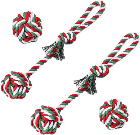 Chew Toys for Small and Medium Dogs - Teeth Cleaning, Gum Massage, Boredom Relief - Christmas Ball Rope Toy Set of 4