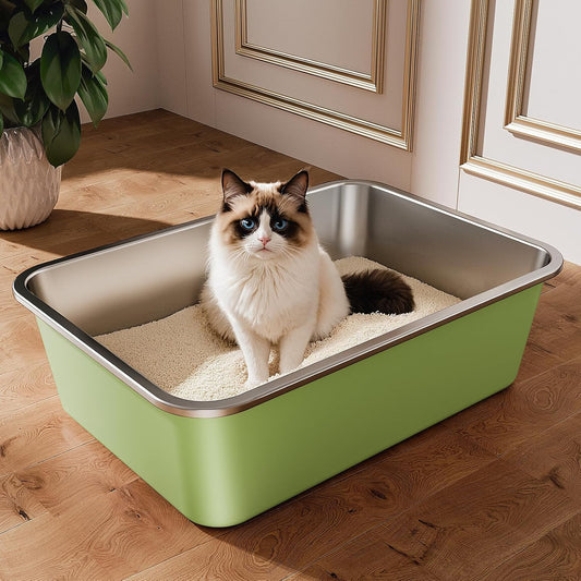 Stainless Steel Litter Box, Large Metal Cat Litter Box with High Sided for Big and Small Cats, Non-Stick, Easy to Clean, Odor-Free, 19.5" L×13.6" W×5.9" H, Leaf Green