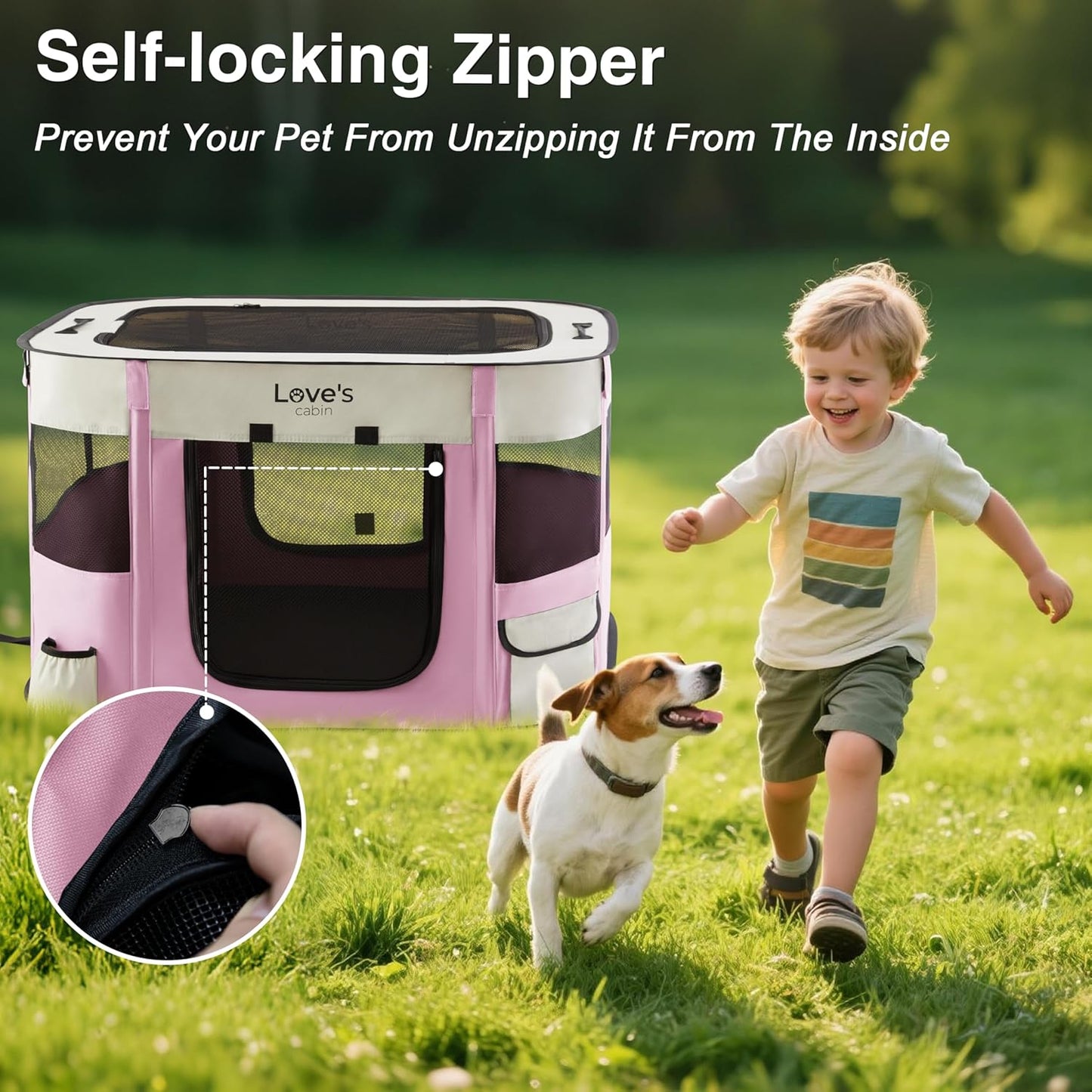 Love's cabin Pet Puppy Dog Playpen, Large Dog Tent Crates Cage Indoor/Outdoor, Portable Exercise Playpen for Cat, Foldable Pop Up Dog Kennel Playpen with Carring Case (L, Light Pink)