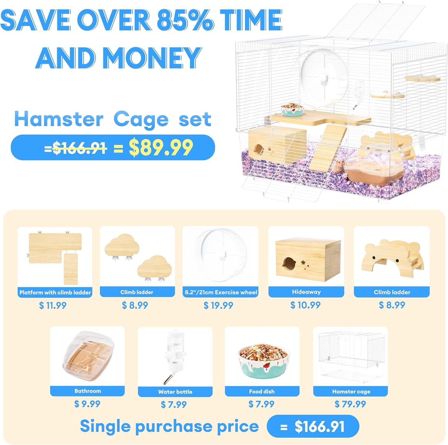 BUCATSTATE Hamster Cage 3-Level with Accessories, Includes Free Exercise Wheel, Water Bottle, Food Bowl & Hamster Hideout, Large Hamster Cage for Dwarf Hamster, Mice, Degus (24.4" L*13.7 "W*16.9" H)