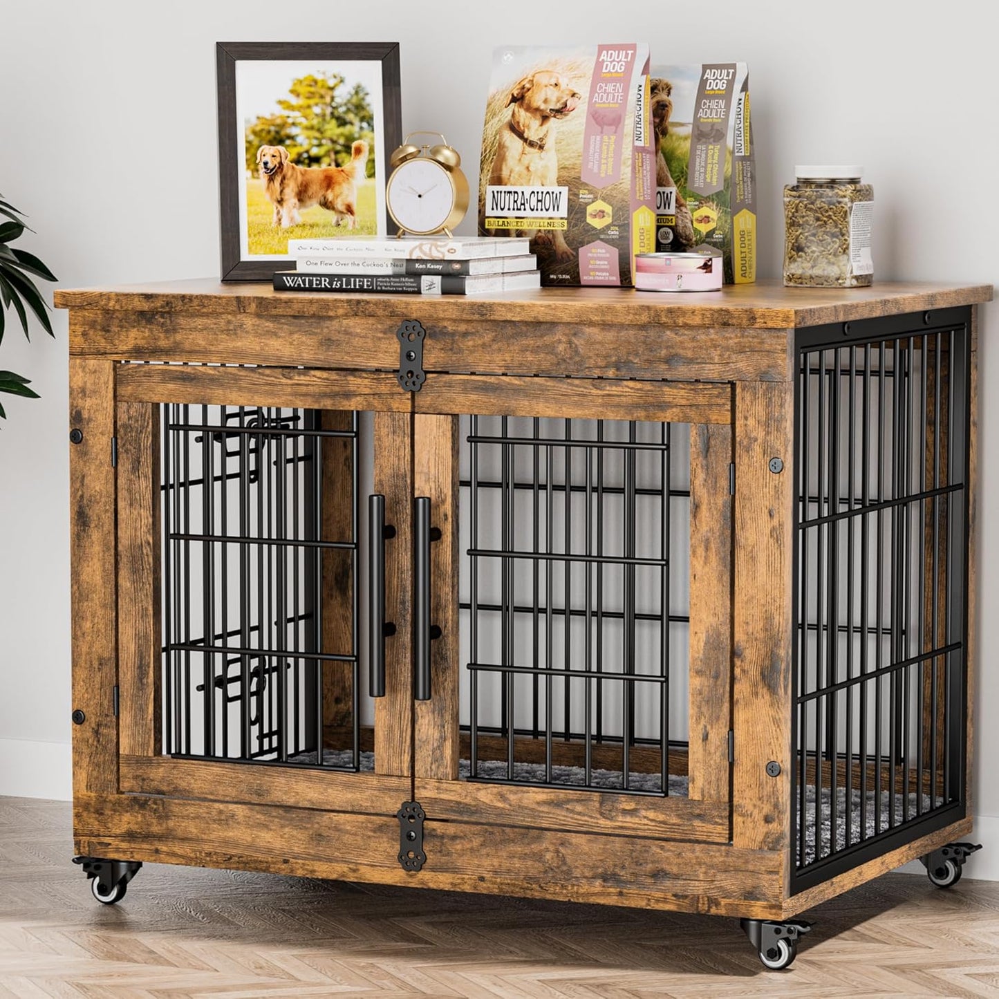 Lulive Dog Crate Furniture, Dog Kennel Indoor Double Doors Wooden Dog Cage, 32'' Heavy Duty Dog Crate with Cushion & Wheels, Decorative End Table Pet House Chew-Resistant for Medium/Small, Brown