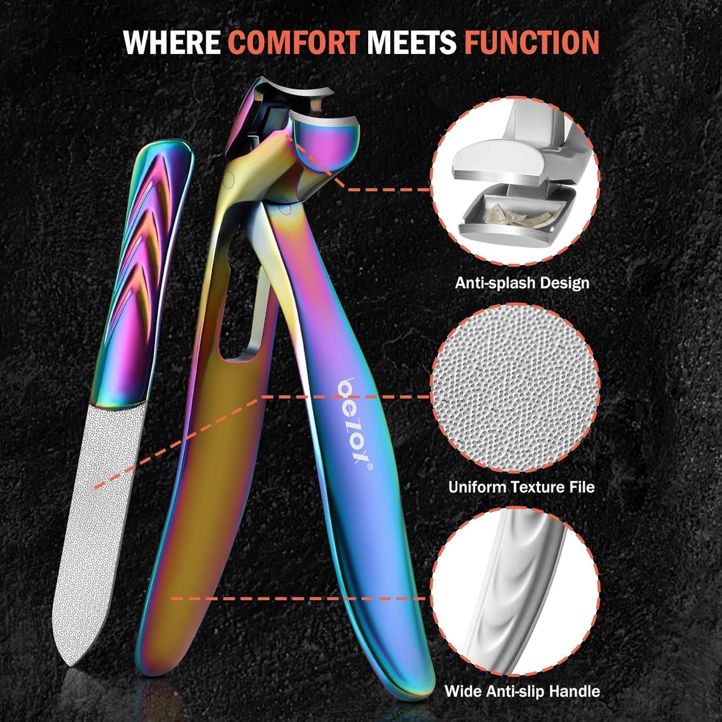 BEZOX Ergonomic Angled Head Thick Toenail Clipper for Seniors - Large Nail Clippers for Thick and Ingrown Nails with Metal Nail File, Premium Nail Cutter Fingernail Clipper for Men and Women - Rainbow
