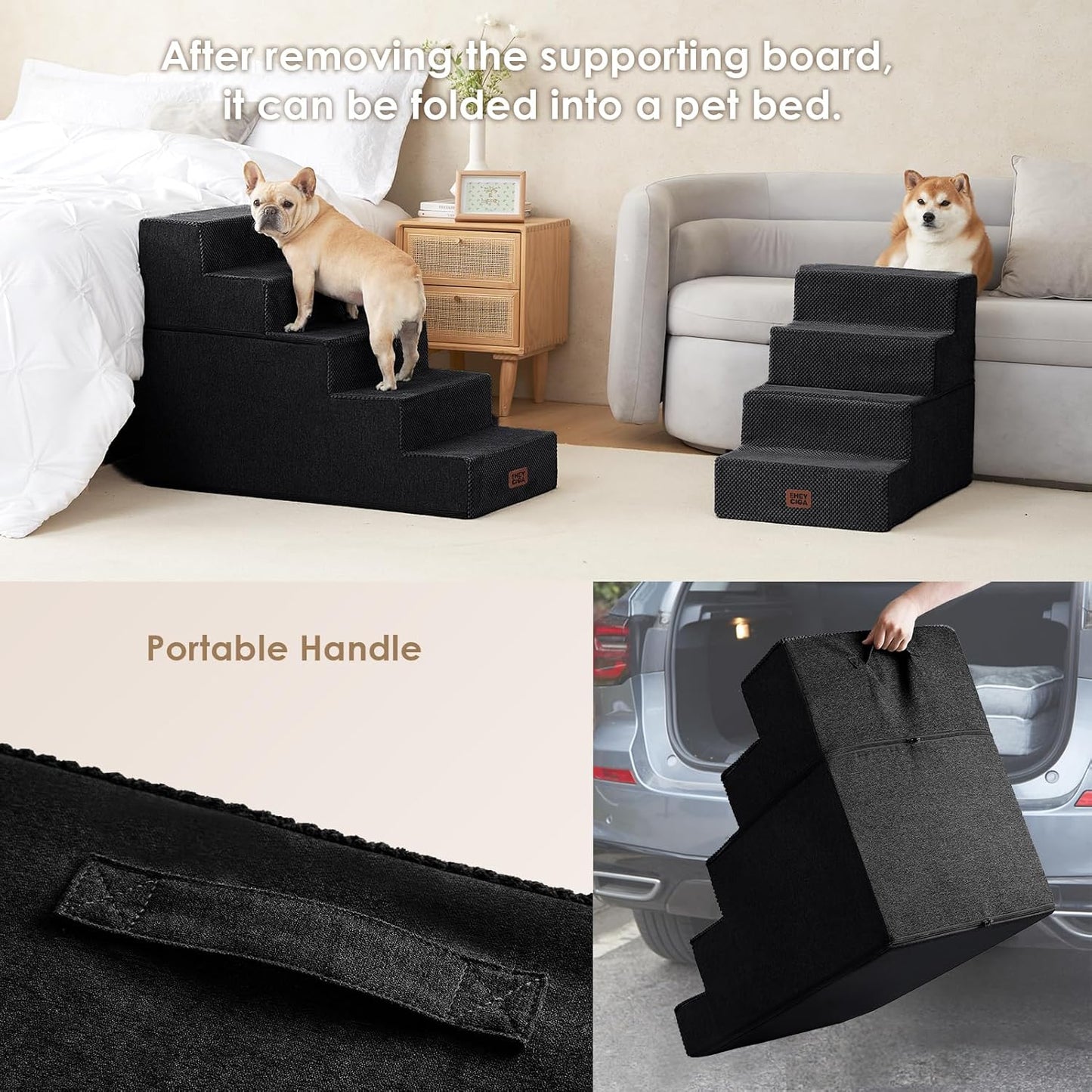 EHEYCIGA Dog Stairs for High Bed 25" H, 5-Step Extra Wide Dog Steps for Bed, Pet Steps for Small Dogs and Cats, Non-Slip Balanced Pet Ramp Indoor, Black