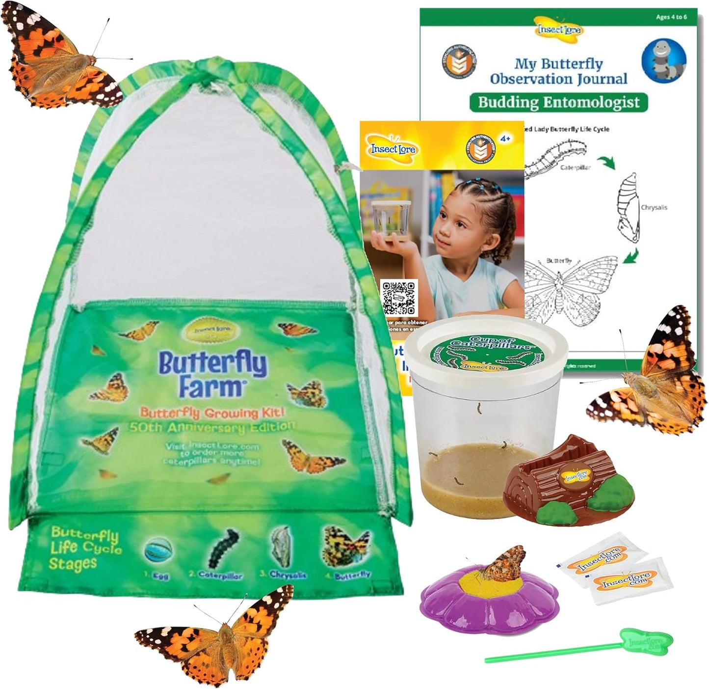 Insect Lore Butterfly Farm - Live Cup of 5 Caterpillars, Reusable Habitat, STEM Butterfly Activity Journal & Supplies - Grow, Observe and Release Painted Lady Butterflies