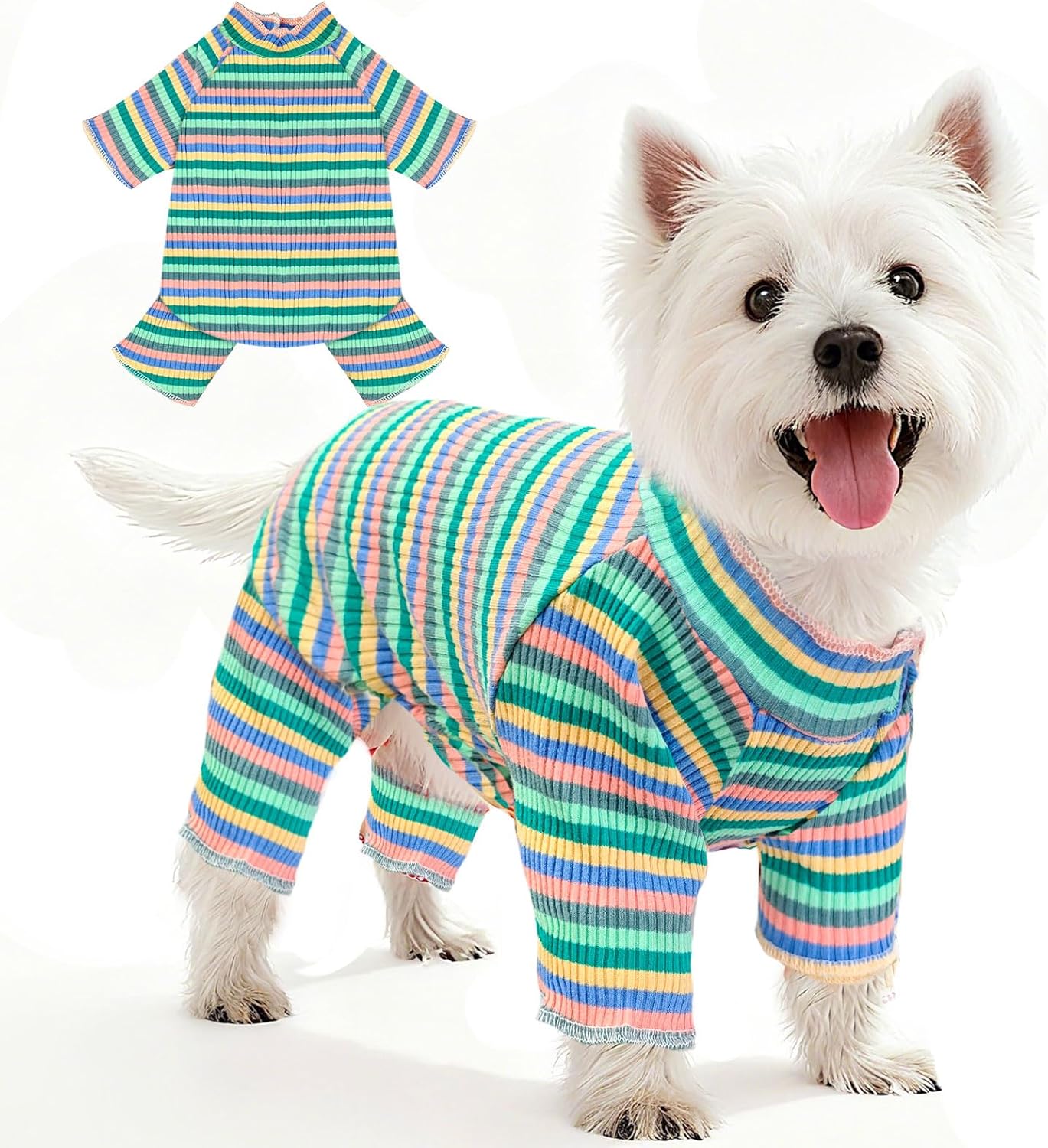 BAEJMJK Striped Dog Pajamas Stretchy Cute Four-Legged Boy Girl Dog Clothes with Sleeves Comfortable Dogs Jumpsuit Colorful Pet Puppy Outfits Apparel for Small Medium Dogs Cats(Green,X-Small)