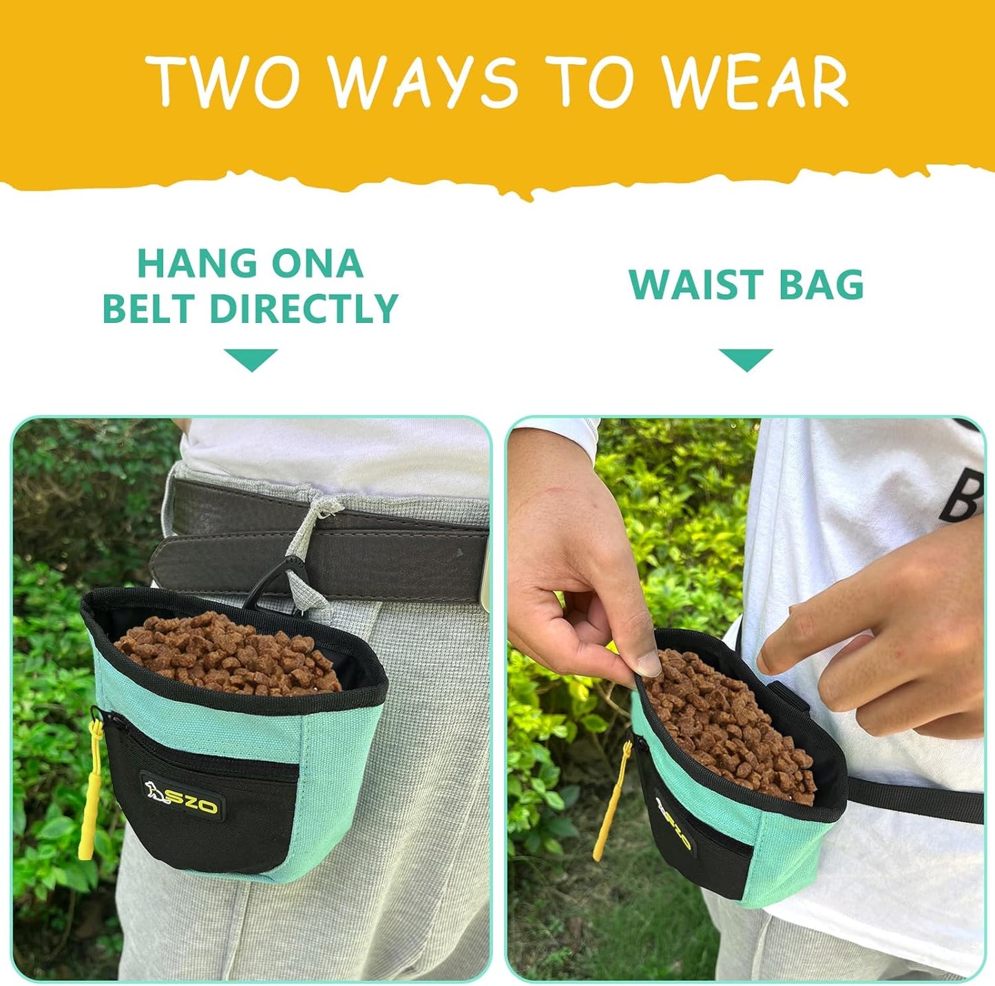 SZO Dog Treat Pouch with Pet Training Clicker, Dog Training Treat Pouch with Waist Belt Clip, Magnetic Closure, Hands-Free Training - Black&Green