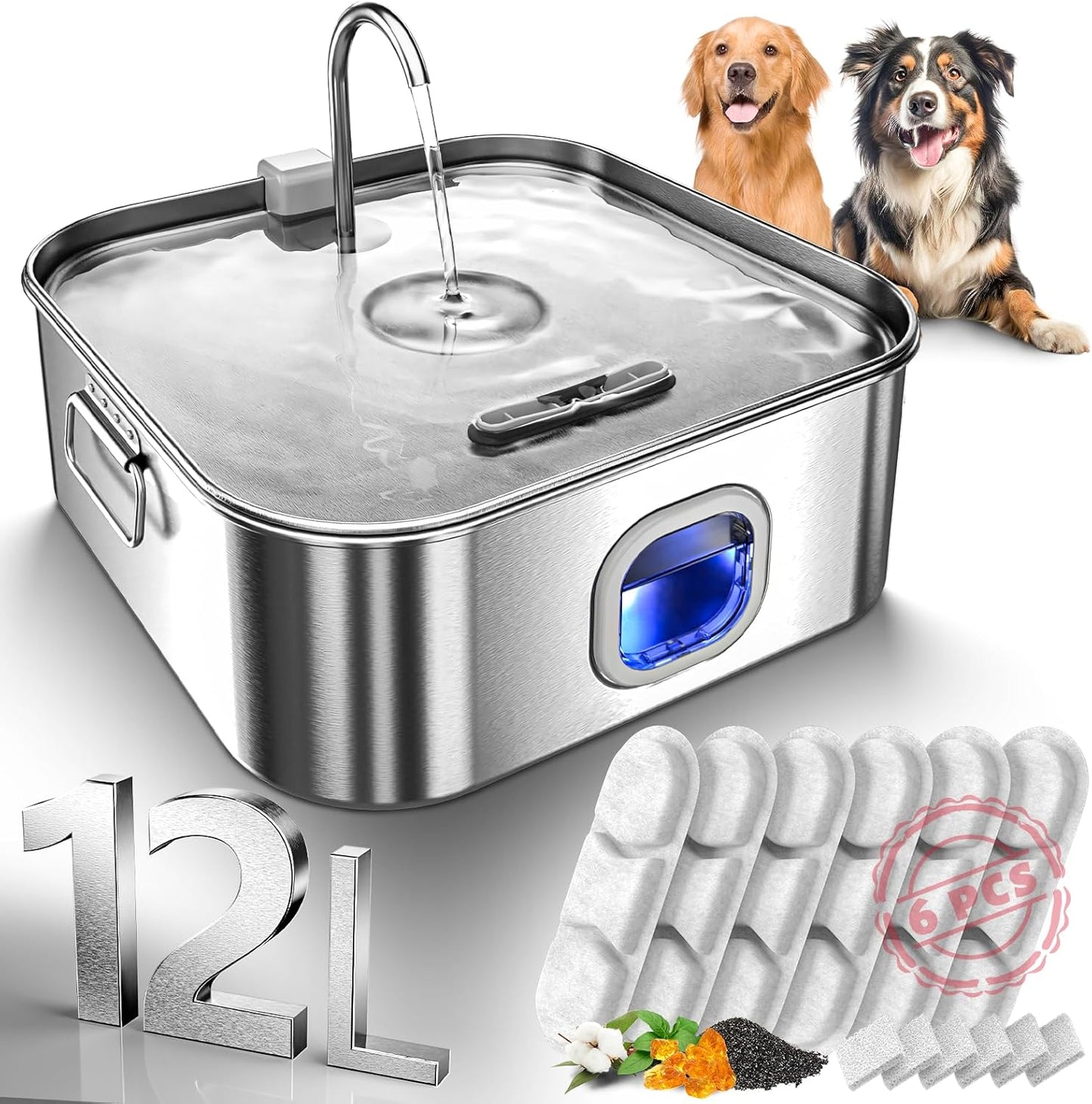 Dog Water Fountain Stainless Steel, 410oz/3.2Gal/12L Large Pet Water Fountain for Large Dog, Dog Water Bowl Dispenser with Water Level Window & LED Indicator, Super Quiet, with 6 Packs Filters