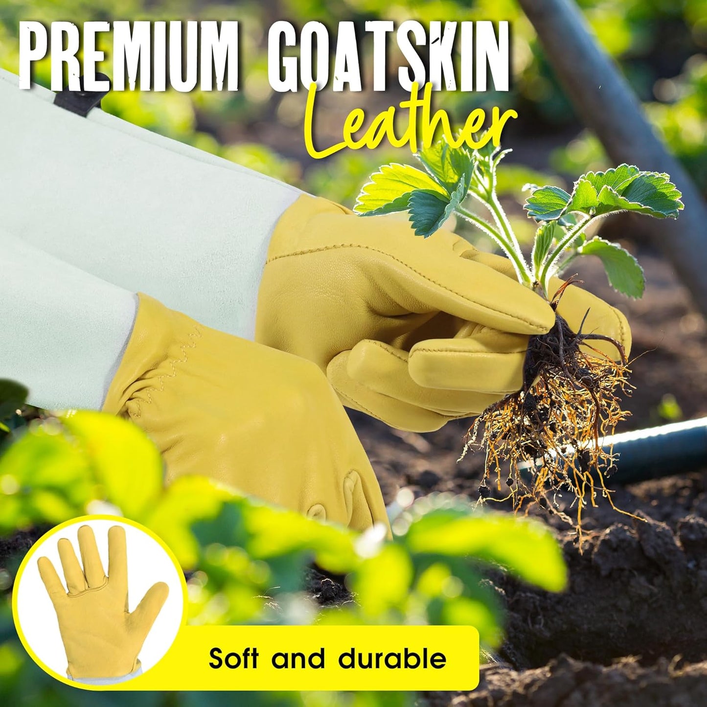 HANDLANDY Rose Gloves for Men & Women, Long Leather Gardening Gloves Thorn Proof, Best Garden Gifts & Tools for Gardener (Yellow-beige, Large (Pack of 1))