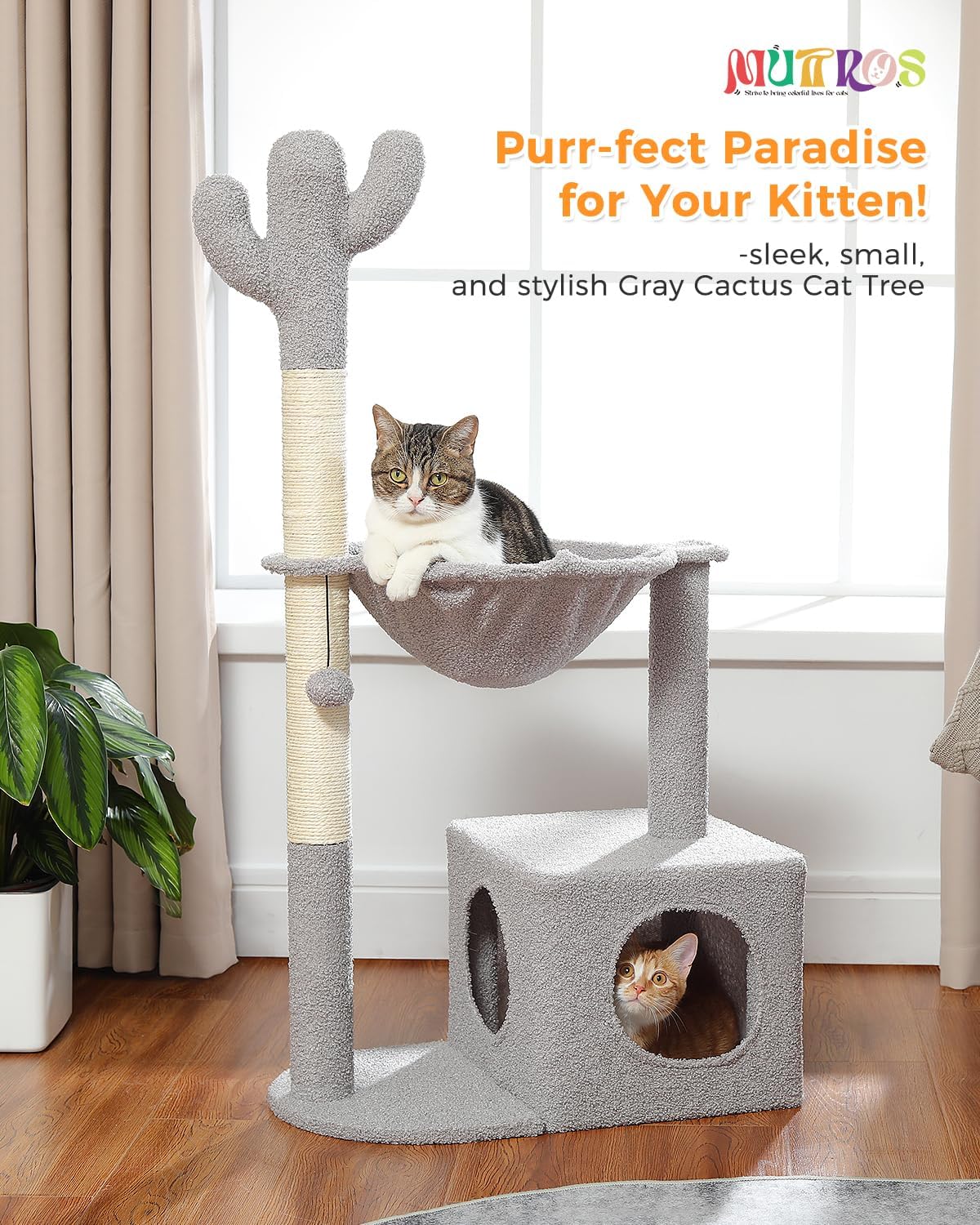 Cactus Cat Tree Cat Scratching Post 40" Cat Tower with Large Metal Carpet Hammock, Cat Scratching Post for Indoor Cats with Condo& Dangling Ball, Grey