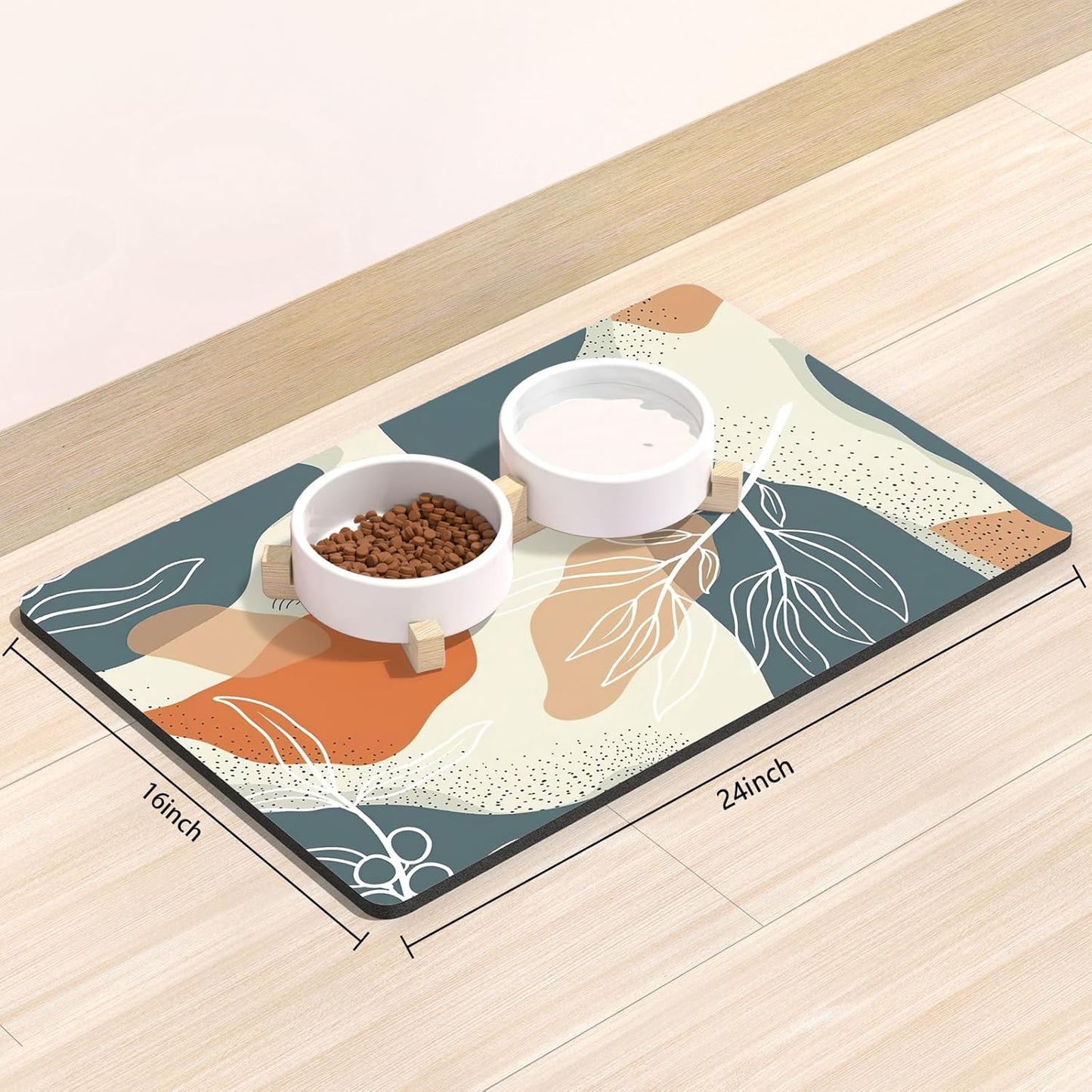 Rnivvi Dog Food Mat, 16" x 24" Boho Absorbent Dog Cat Bowl Mat for Food and Water, Cute Anti-Slip Rubber Pet Feeding Rug Protect Floors, Puppy Placemat for Feeding & Watering Supplies, Abstract Leaves