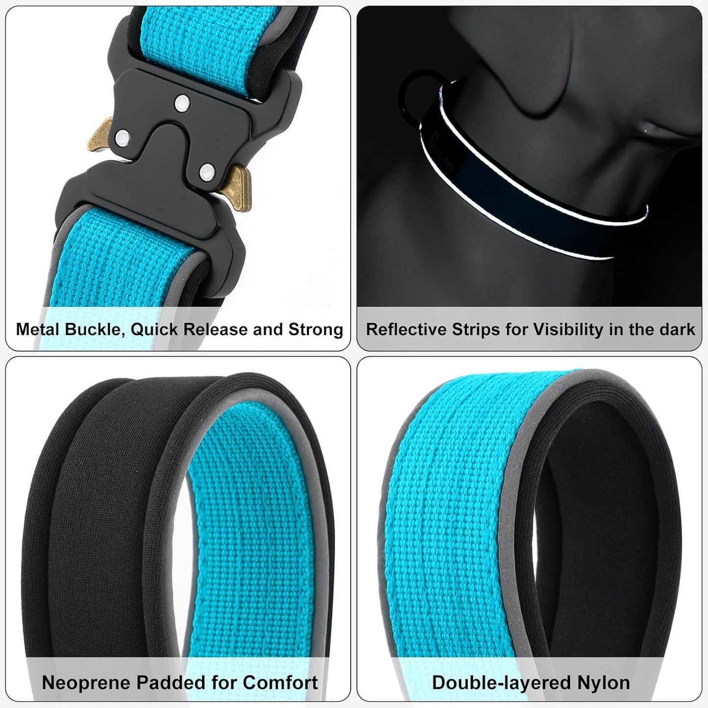 Plutus Pet Tactical Dog Collar, Reflective, Adjustable Heavy Duty Dog Collar, Soft Padded and Comfortable, for Small Medium and Large Dogs (Cyan, XS)