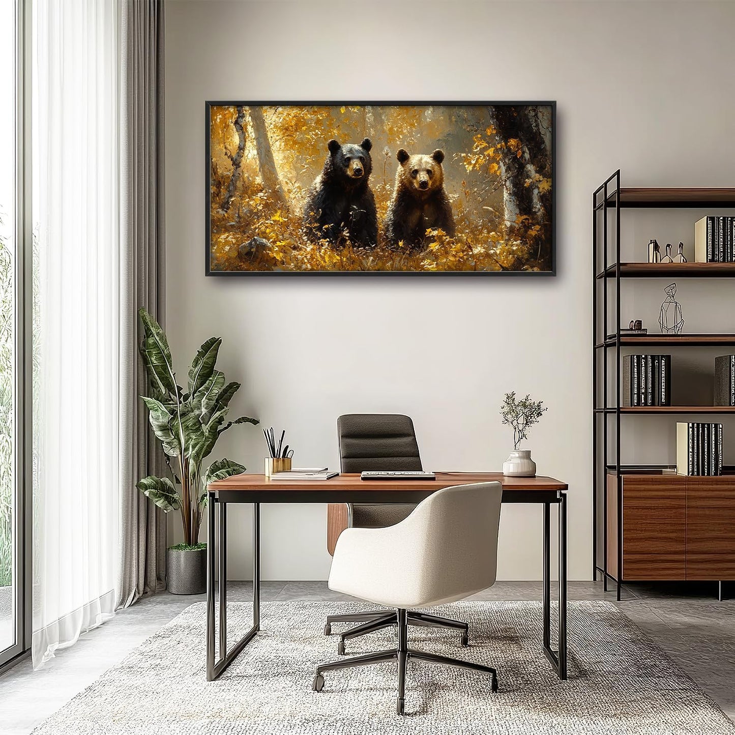 Large Forest Bear Wall Art for Living Room, Black Bear Autumn Canvas Oversized Wall Decor, Wildlife Framed Pictures Painting Print Artwork for Bedroom Office 60L" x 30W"