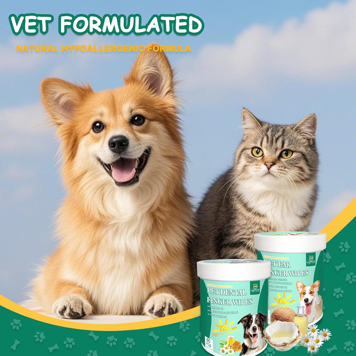 Pet Finger Wipes for Ear and Teeth - 120 Count Cleaner Finger Wipes for Dog and Cat, Dental Ear Care Wipes, Hypoallergenic Dog Wipes to Remove Plaque Tartar, Relieve Ear Itching and Inflammation