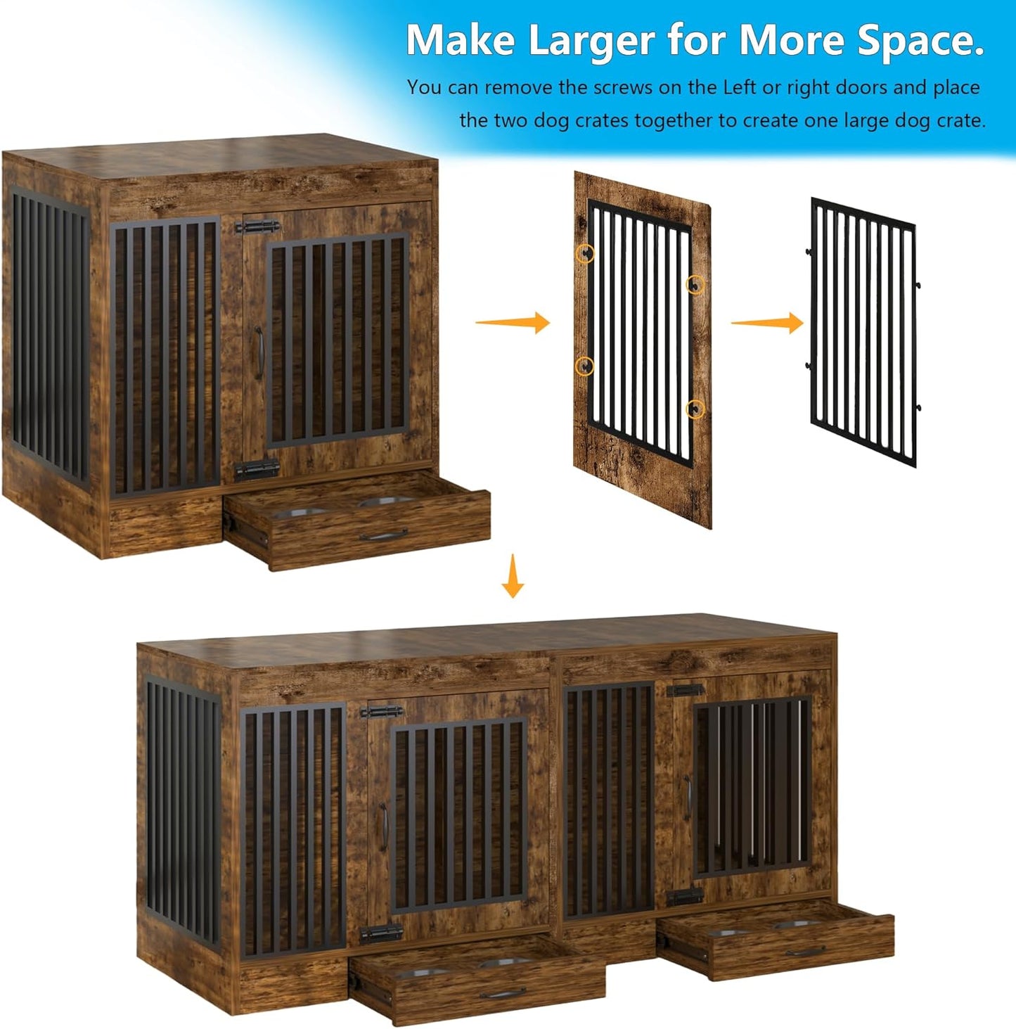 Rustic Brown Heavy Duty Furniture Dog Crate, Wood and Metal Kennel Cage, Pet House End Table with Drawer and Pull-Out Design, Dog Home for Indoor use, Medium Size