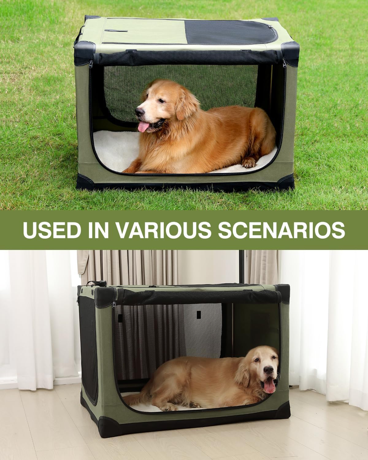 24-Inch Collapsible Travel Dog Crate, Portable 4-Door Soft Kennel for Medium to Large Dogs, Durable Mesh Windows, Indoor/Outdoor Use, Foldable, with Storage Bag (Green)