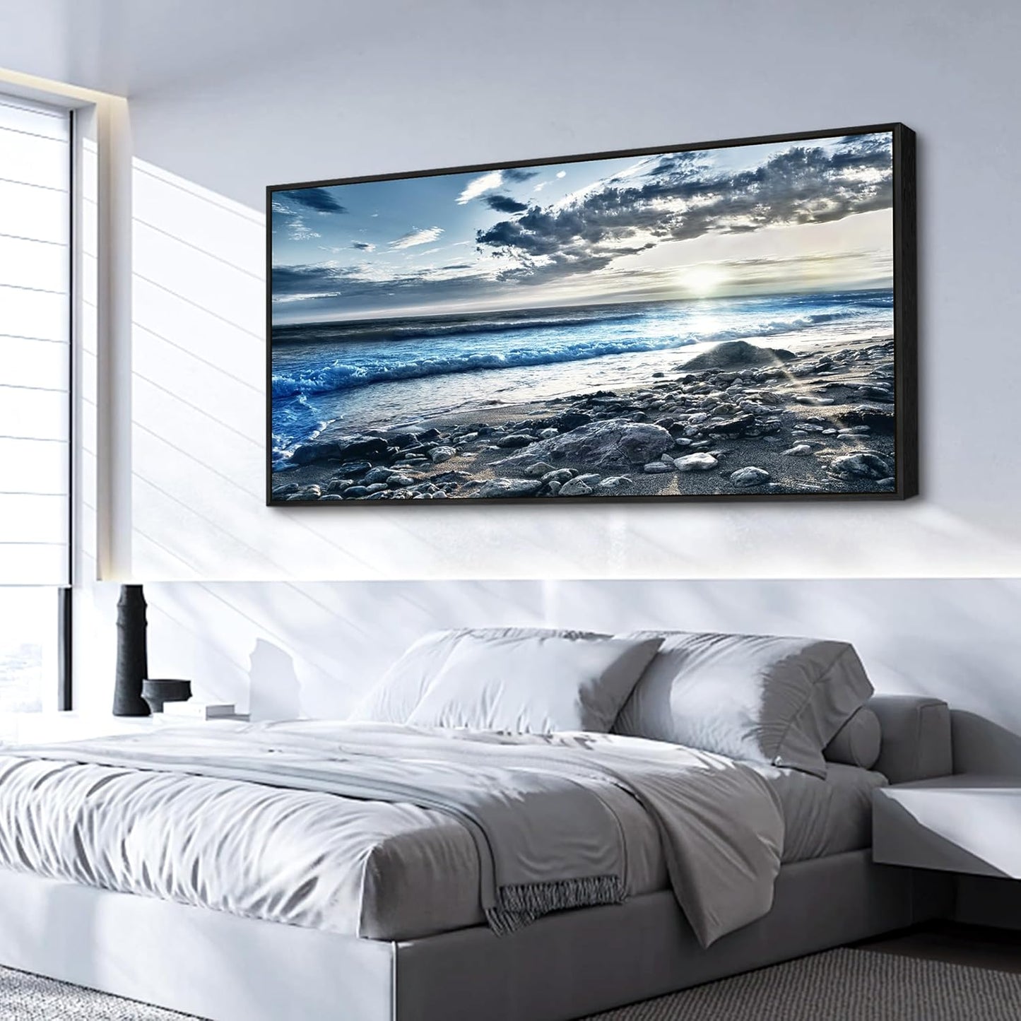 Wapluam Large Canvas Prints Wall Decorations For Living Room Wall Art For Bedroom Office Wall Decor Scenery Wall Painting Blue Sea Pictures Artwork For Fashion Black Framed Beach Posters Home Decor