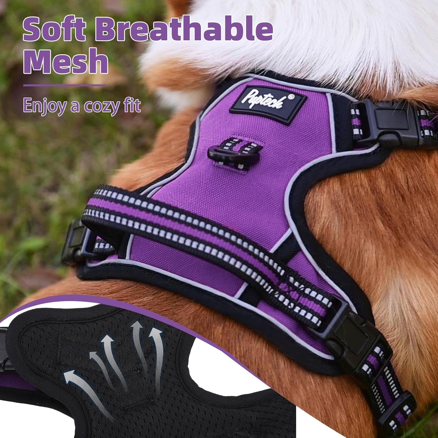 PUPTECK No Pull Dog Harness for Large, Adjustable Reflective Dog Harness with Handle Easy Control, Comfortable Soft Padded Pet Vest Harness for Large Dogs, Solid Purple L