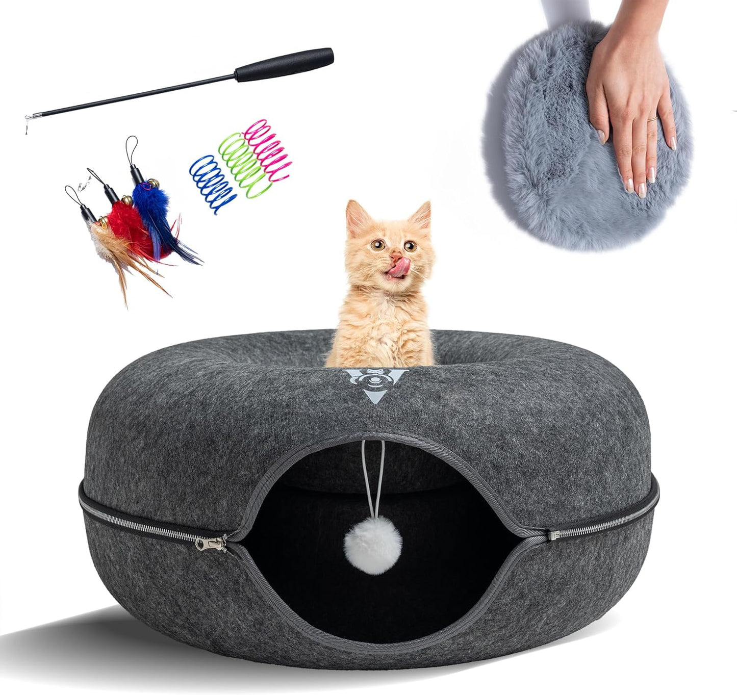 Premium Large Size 24 Inch Cat Tunnel Bed - With Upgraded Metal Zipper - Detachable Round Design - Washable - and Scratch Resistant - Includes 3 Toys and Removable Cushion