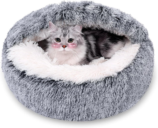 MADDEMCUTE Calming Dog & Cat Cave Bed With Hooded Cover, Removable Washable Round for Small Medium Pets, Anti-Slip Faux Fur Fluffy Coved for Improved Sleep, Fits up to 15/25 lbs (Grey, S)