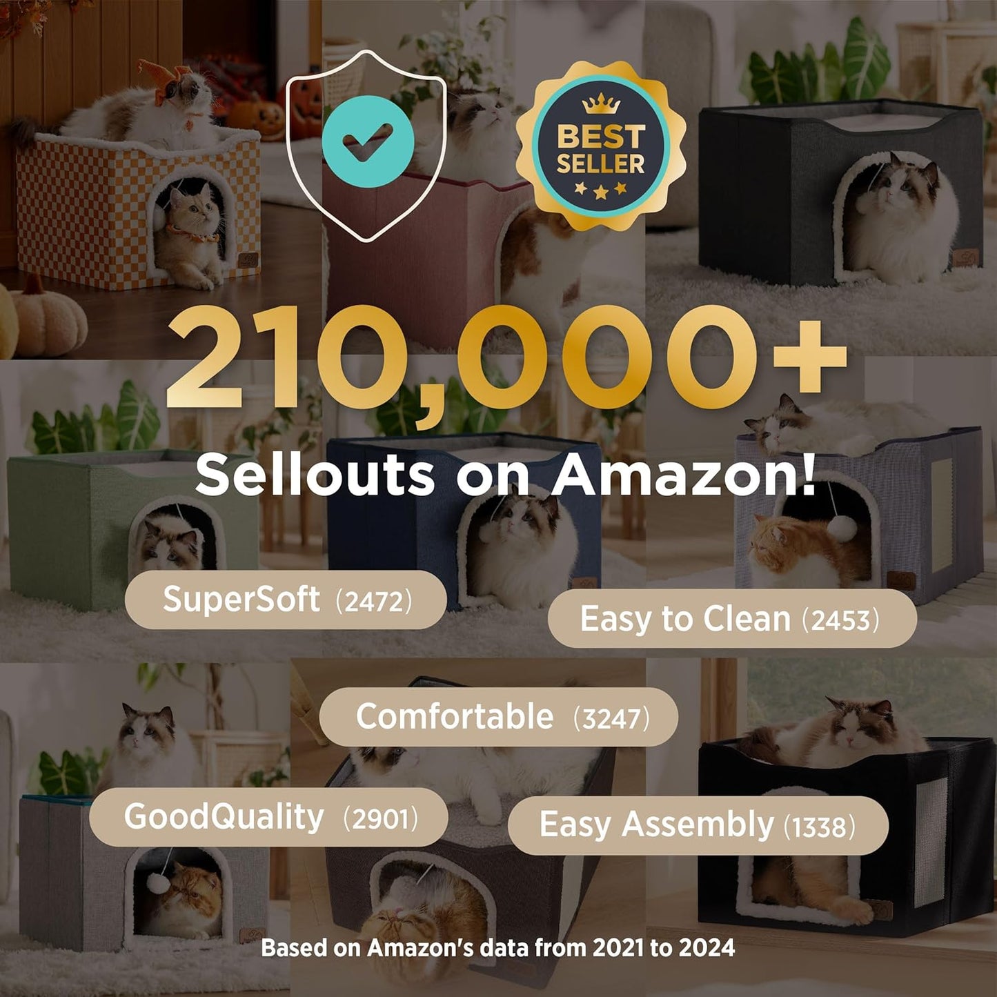 Bedsure Cat Beds for Indoor Cats - Large Cat Cave for Pet Cat House with Fluffy Ball Hanging and Scratch Pad, Foldable Cat Hideaway, 16.5x16.5x13 inches, Ivory