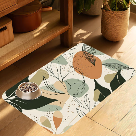 Abstract Boho Leaves Dog Food Mat-Absorbent Pet Feeding Mat for Food and Water Bowl, Quick Dry Dog Placemat with Rubber Backing-No Stains Pet Supplies for Messy Drinkers 16"x24"