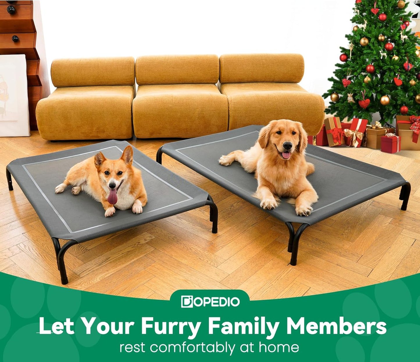 Elevated Dog Bed Raised Outdoor Dog Cot for Medium Dogs, Installation Requires No Tools, Frame with Washable Cooling Breathable Mesh Anti-Slip Feet, Indoor Pet Bed, Grey, 35.4 Inches