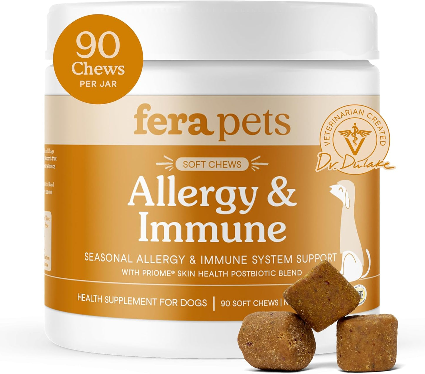 Fera Pets Dog Allergy Chews – Allergy Relief & Itching Skin Relief – Immune & Gut Support with Organic Mushrooms, Postbiotics & Colostrum – Promotes Skin Health – 90 Soft Chews