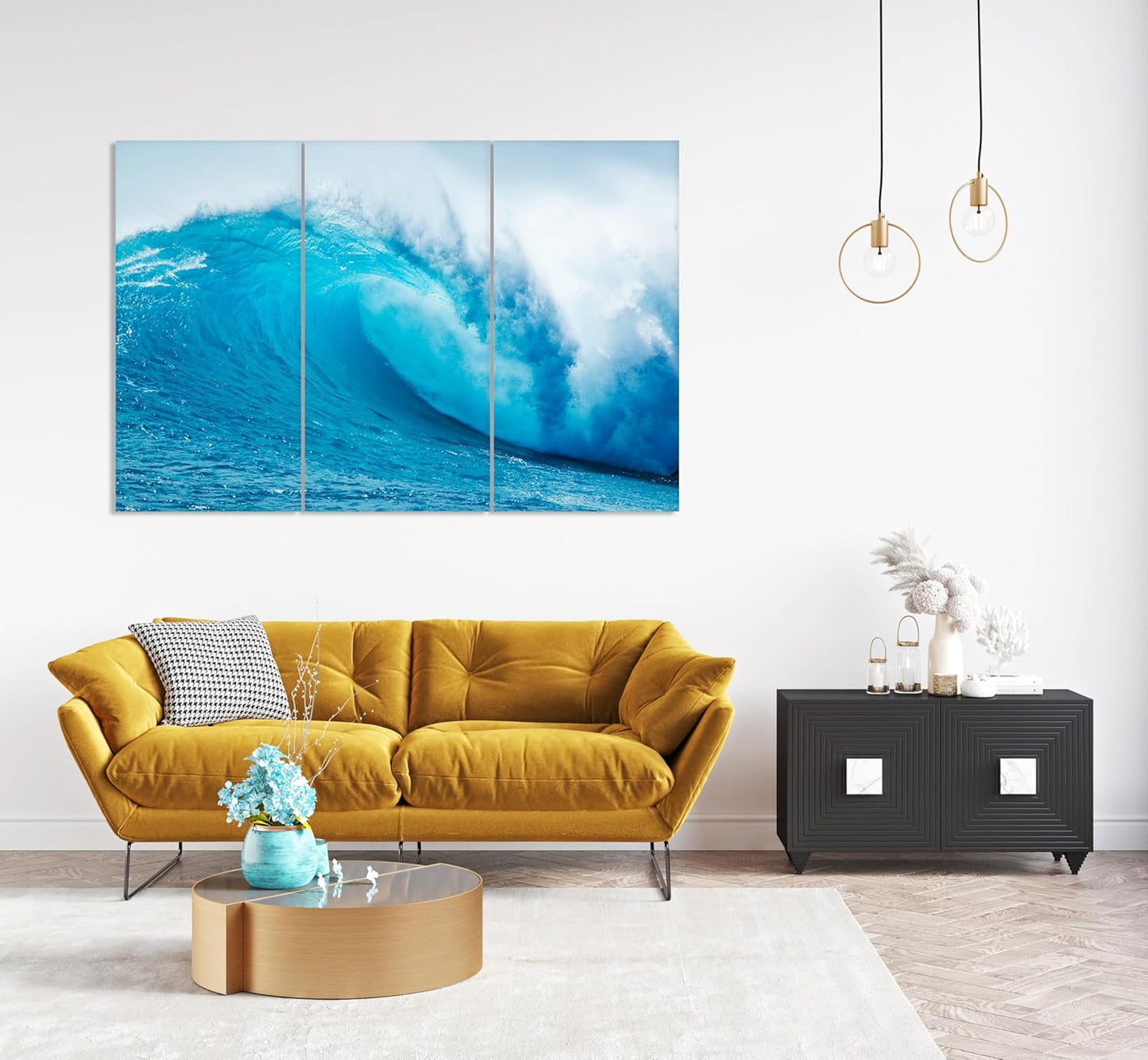 Nature Wall Art Prints - Ocean Forest Mountain Lake Canvas Landscapes - Small to Extra Large Living Room Bedroom Kitchen Bathroom Décor (Blue Ocean Wave, 31L" x 47W" - 3 Panels)
