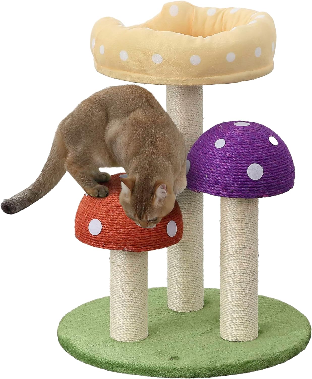 CTR1001A Pixie 22.5" 3-Tier Cottage Sisal Mushroom Cat Tree with Scratching Posts, Napping Perch, and Dangling Bell Toy, Multi