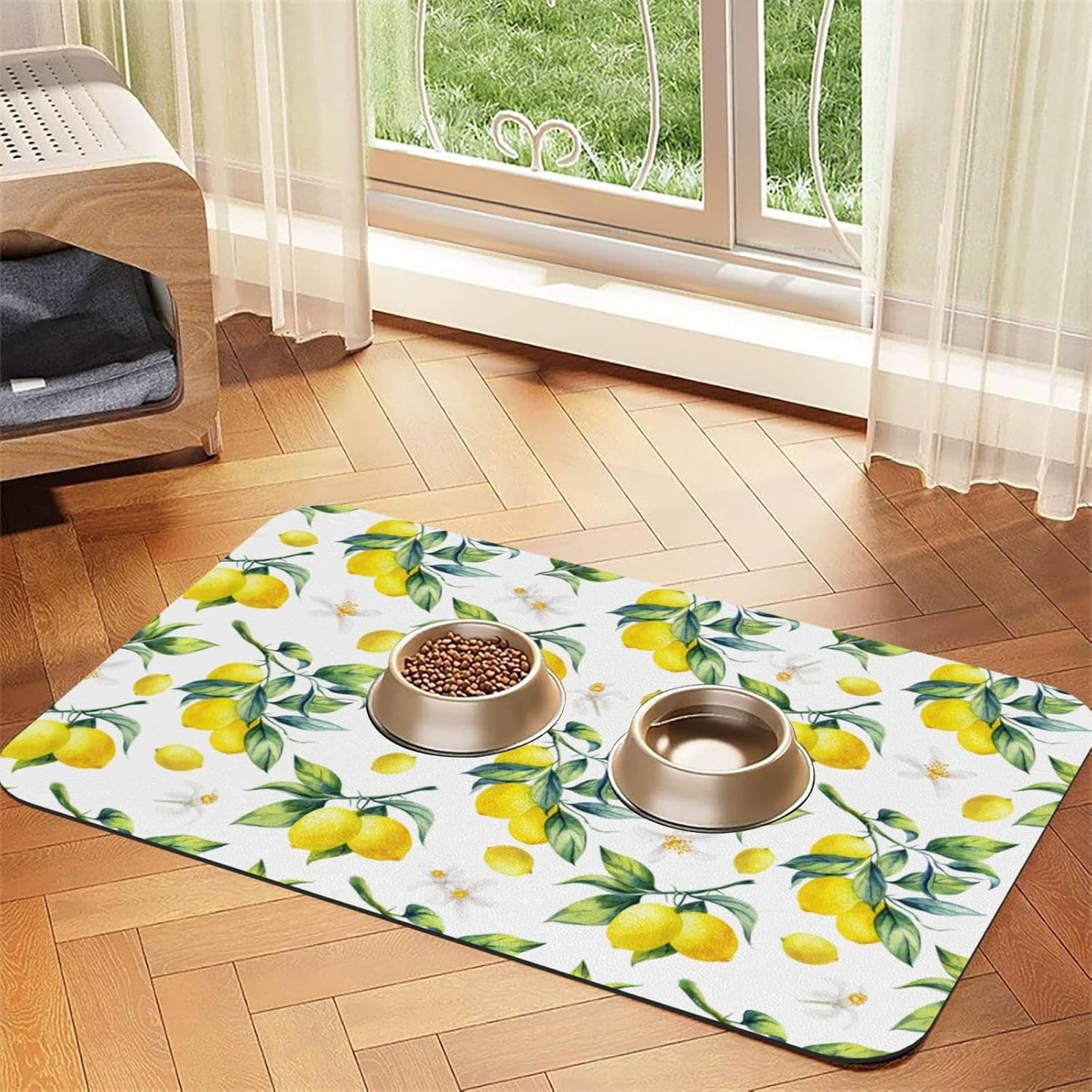 Tropical Lemon Leaves Dog Food Mat Absorbent Bowl Mats No Stains Quick Dry Waterproof Pet Cat Placemats for Food and Water, 30x45cm