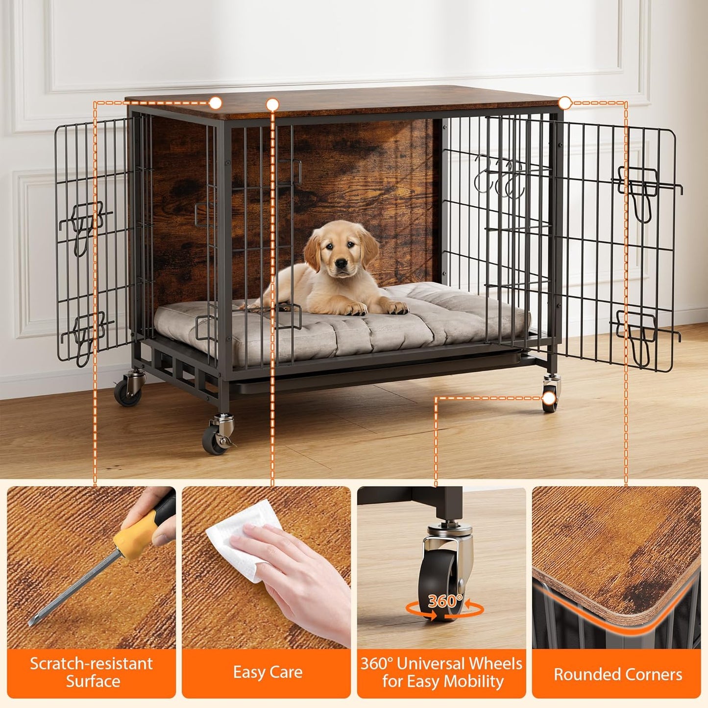 Dog Crate Furniture, 27.2" Small Dog Kennel Wooden Dog Crate with Pull-Out Tray, Double Doors, Modern End Table for Small/Medium Dogs, Grey