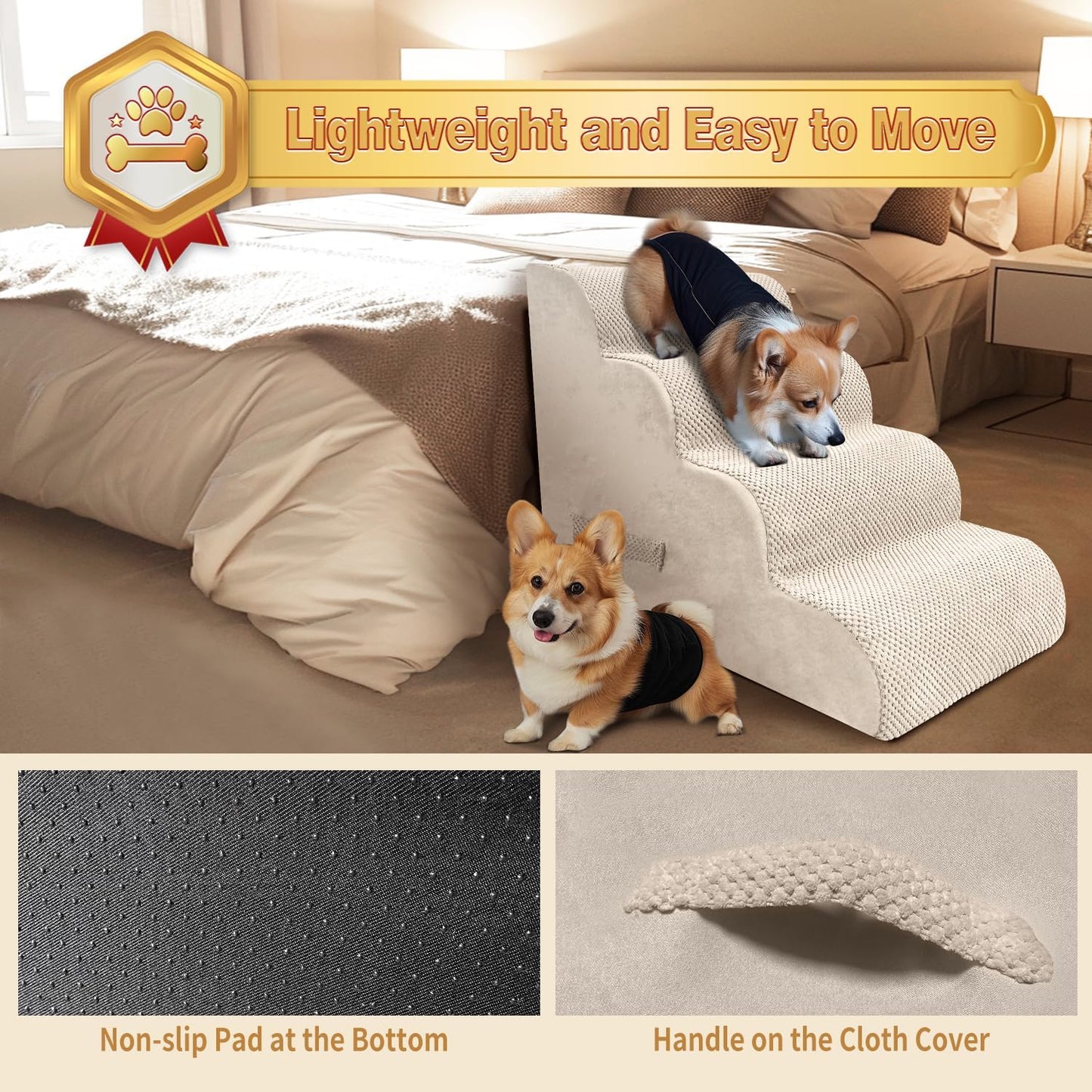 PAWSCART Dog Stairs for Small Dogs and Cats, 4-Step Dog Steps for Bed, 19.6" H Pet Stairs for High Bed, Pet Ramp for Couch, Sofa, Non-Slip Surface Removable Washable Cover, Beige