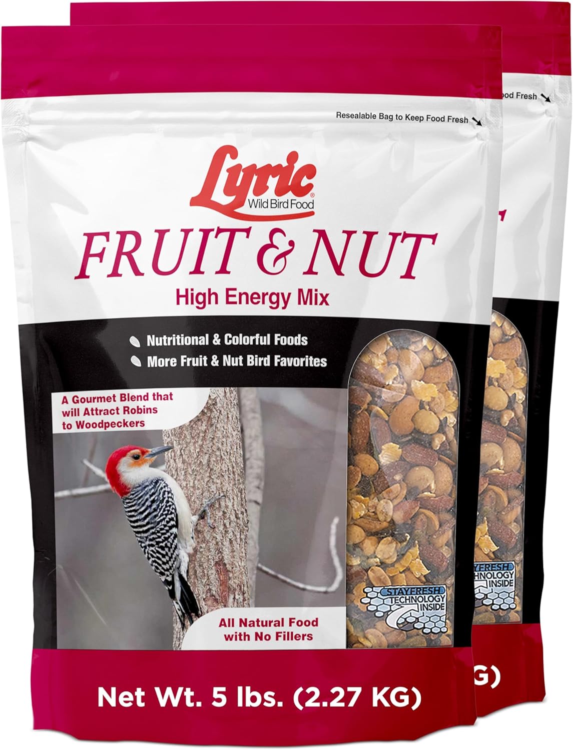 Lyric Fruit and Nut Wild Bird Seed - High Energy Wild Bird Food Mix - Attracts Woodpeckers, Chickadees & Other Songbirds - 10 lb. (pack of 2 - 5 lb bags)
