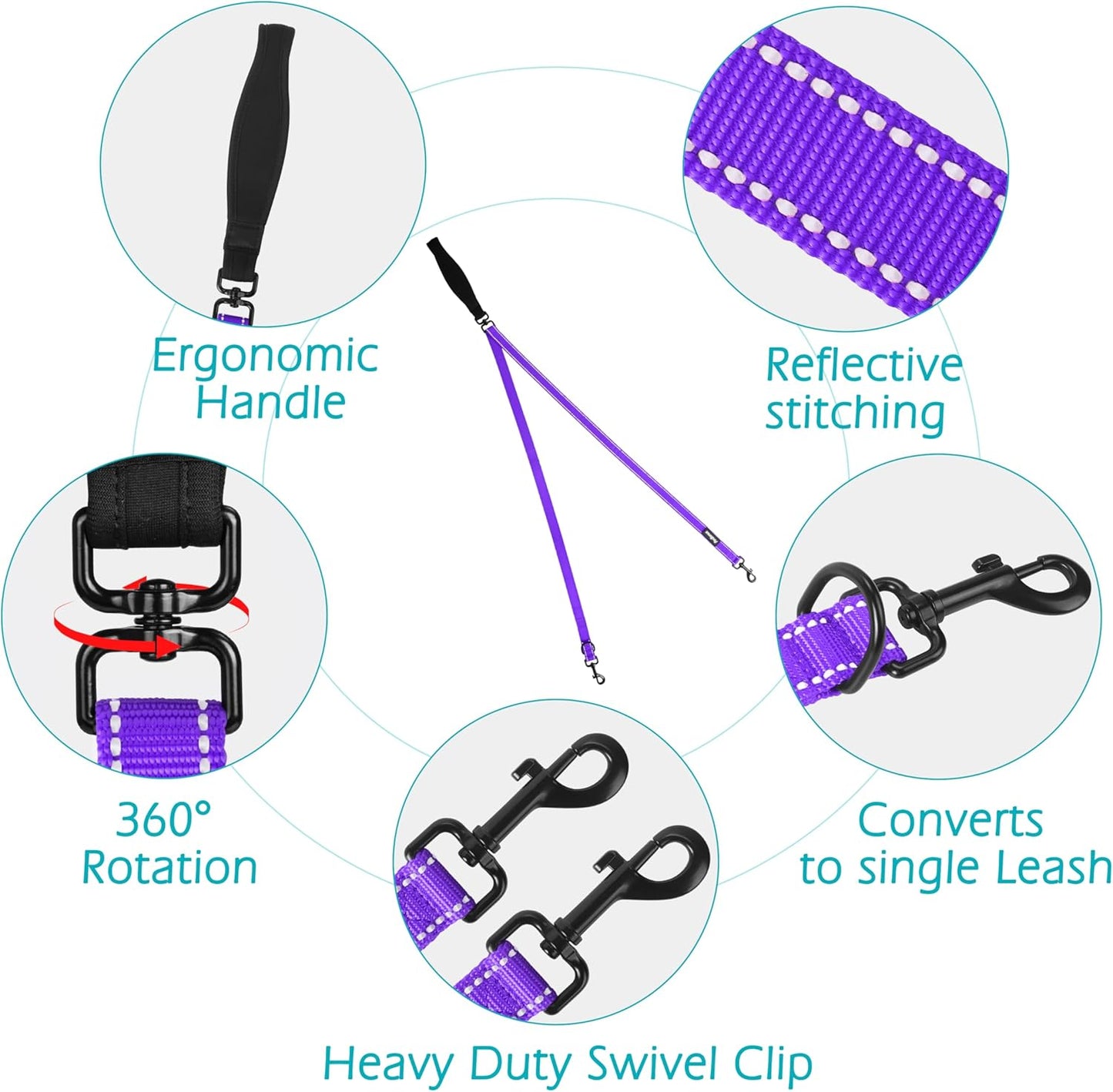 PetBonus Two Point Control Dog Leash, Works with No Pull Harnesses, No Tangle Dog Training Leashes, No Pull Padded and Reflective Walking Lead, Converts to Single Leash for Medium Large Dogs (Purple)