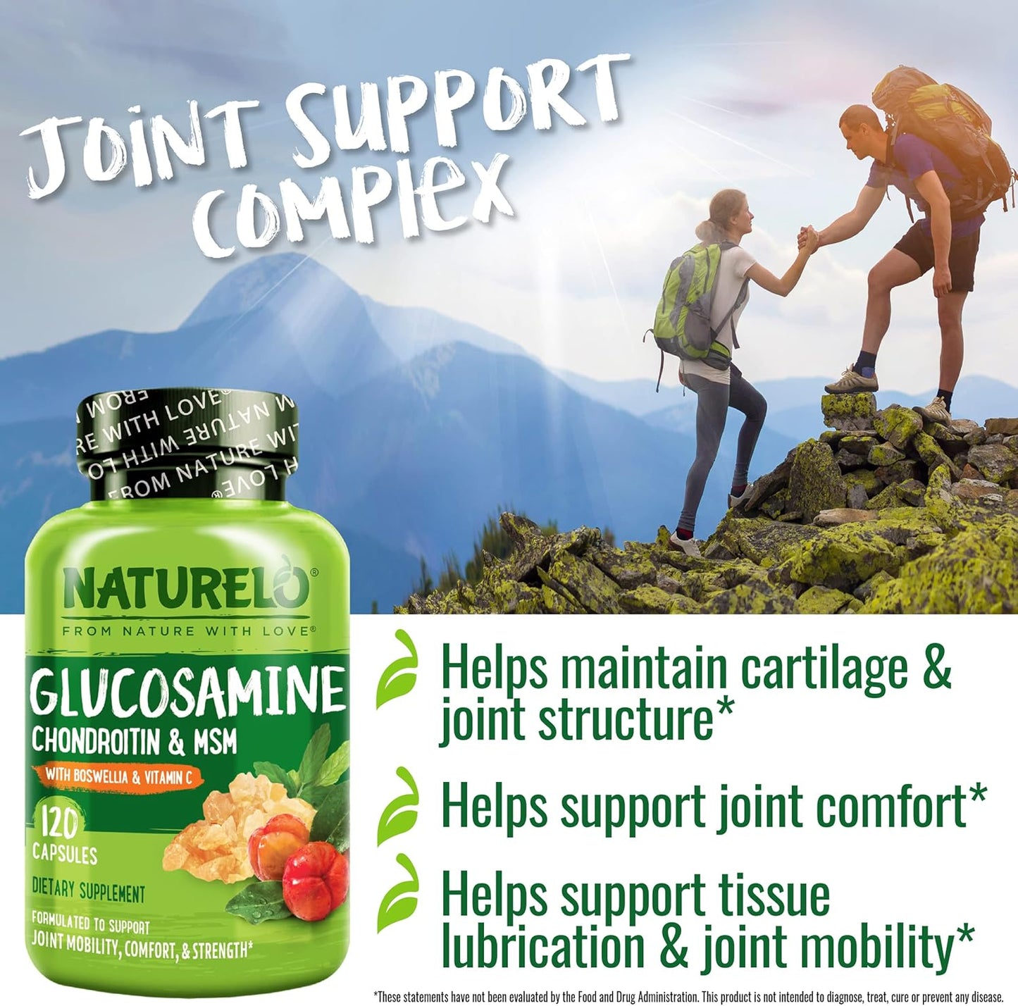 NATURELO Glucosamine Chondroitin MSM with Boswellia and Vitamin C - Supplement for Joint Comfort, Mobility, and Strength - 120 Capsules