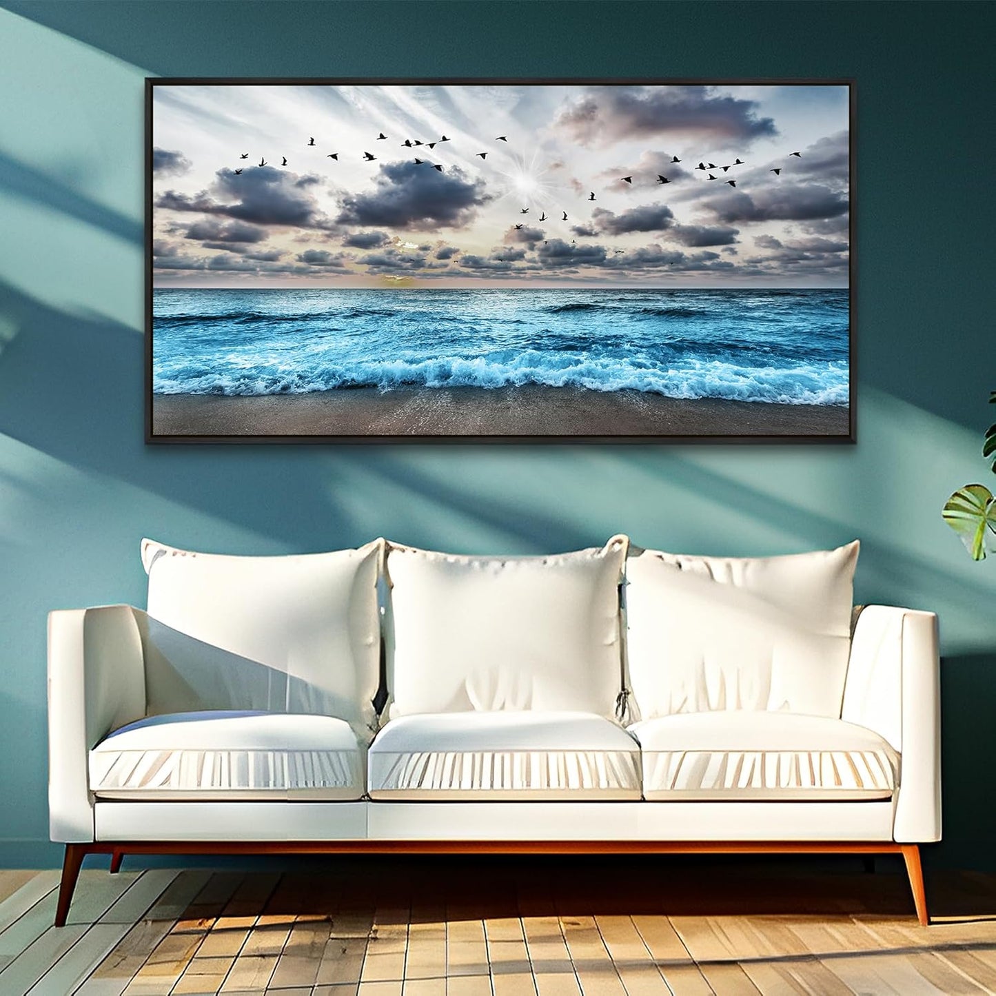 Wapluam Large Wall Decoration For Living Room Black Framed Canvas Wall Art For Bedroom Office Wall Decor Black And White Wall Painting Blue Sea Wave Pictures Artwork Modern Hotel Room Home Wall Art