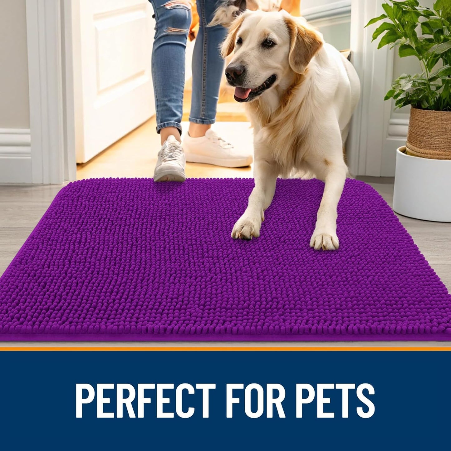 OLANLY Dog Door Mat for Muddy Paws 40x32, Absorbs Moisture and Dirt, Absorbent Non-Slip Washable Doormat, Quick Dry Chenille Mud Mat for Dogs, Entry Indoor Entryway Carpet for Inside Floor, Purple
