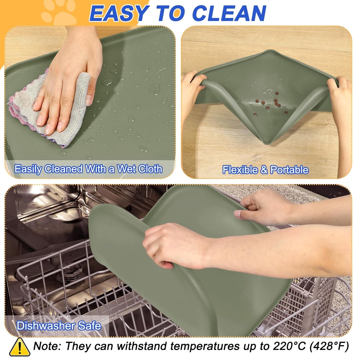 Silicone Pet Feeding Mat with Raised Edge for Food and Water, Dog Bowl Mats, Cat Bowls Placemat with High Lip for Floor Waterproof, Rubber Tray for Cats and Dogs 24 x 16 x0.8 Light Olive Green