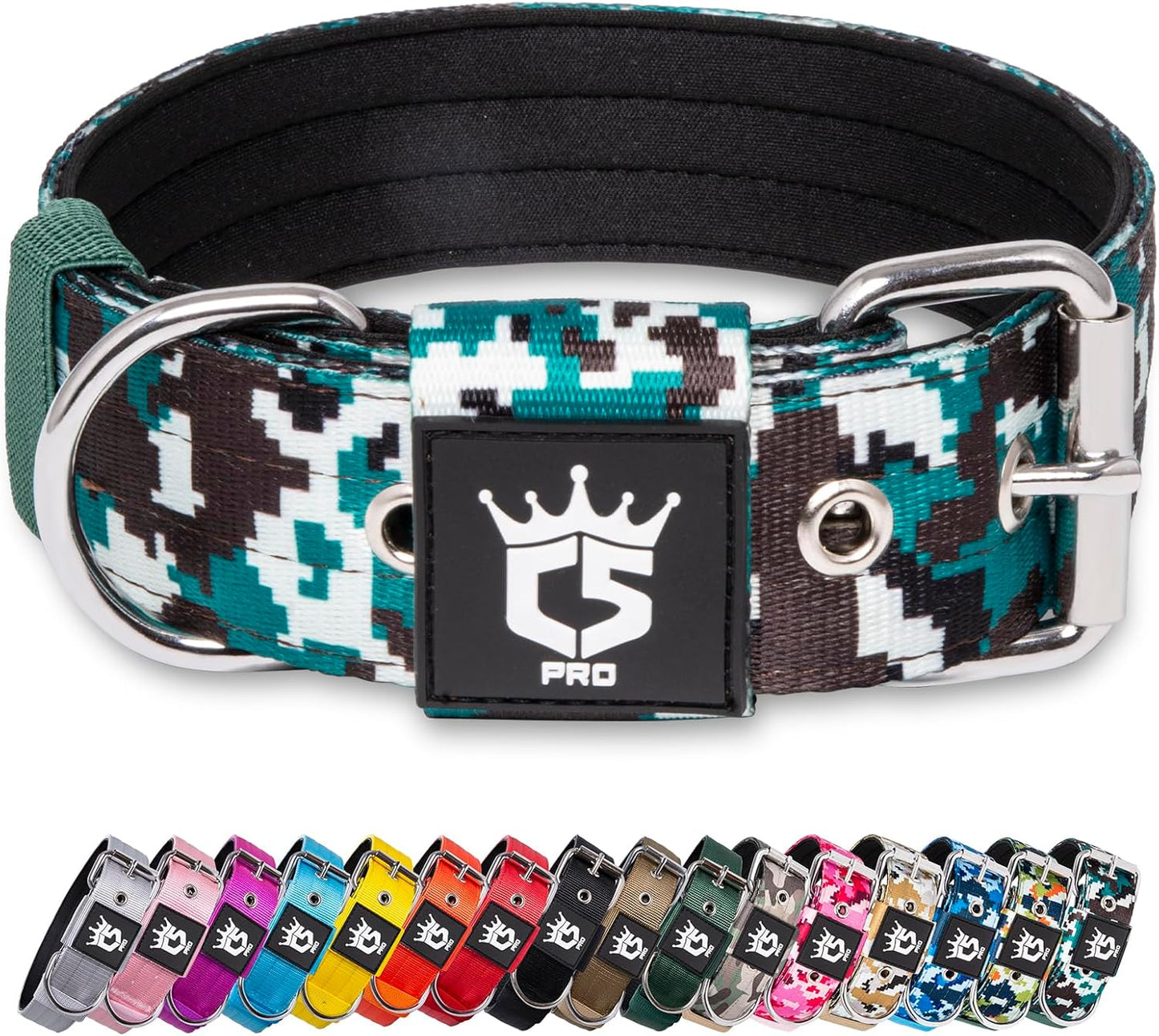 TSPRO Tactical Dog Collar 1.5 Inch Wide Thick Dog Collars with Heavy Duty Metal Buckle, Durable, Strong, Adjustable for Medium to Large Dogs (Camo Cyan L)