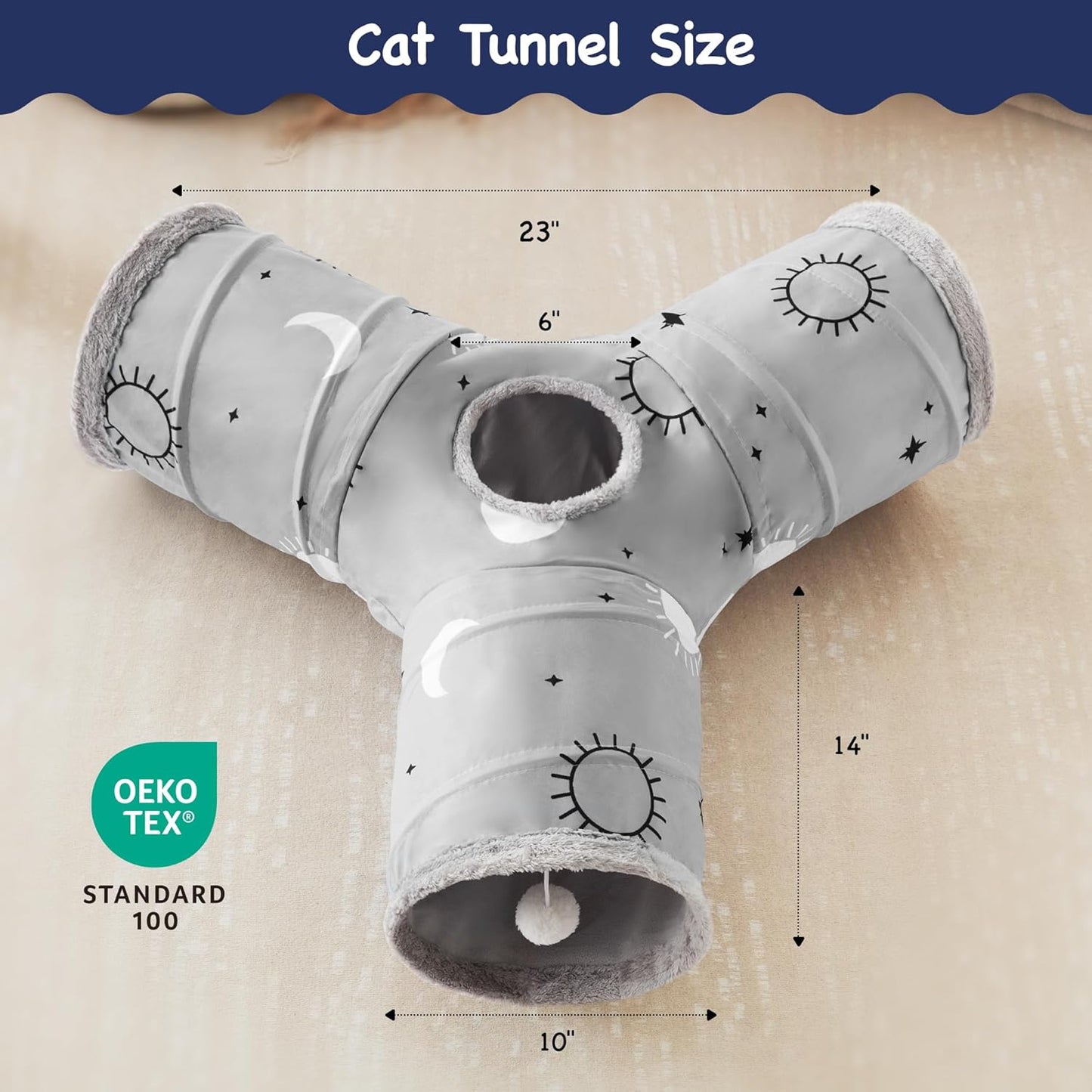 Tempcore Pet Cat Tunnel Tube Cat Toys 3 Way Collapsible, Cat Tunnels for Indoor Cats Fleece-Lined in for Warmth，Kitty Tunnel Bored Pet Toys Peek Hole Toy Ball Puppy, Kitten, Rabbit Gray Sun