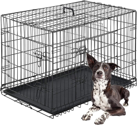 FDW Dog Crate for Large Dogs 42 Inch Folding Metal WirePet Cage Double Door W/Divider Panel Indoor Outdoor Kennel Leak-Proof Plastic Tray,Black