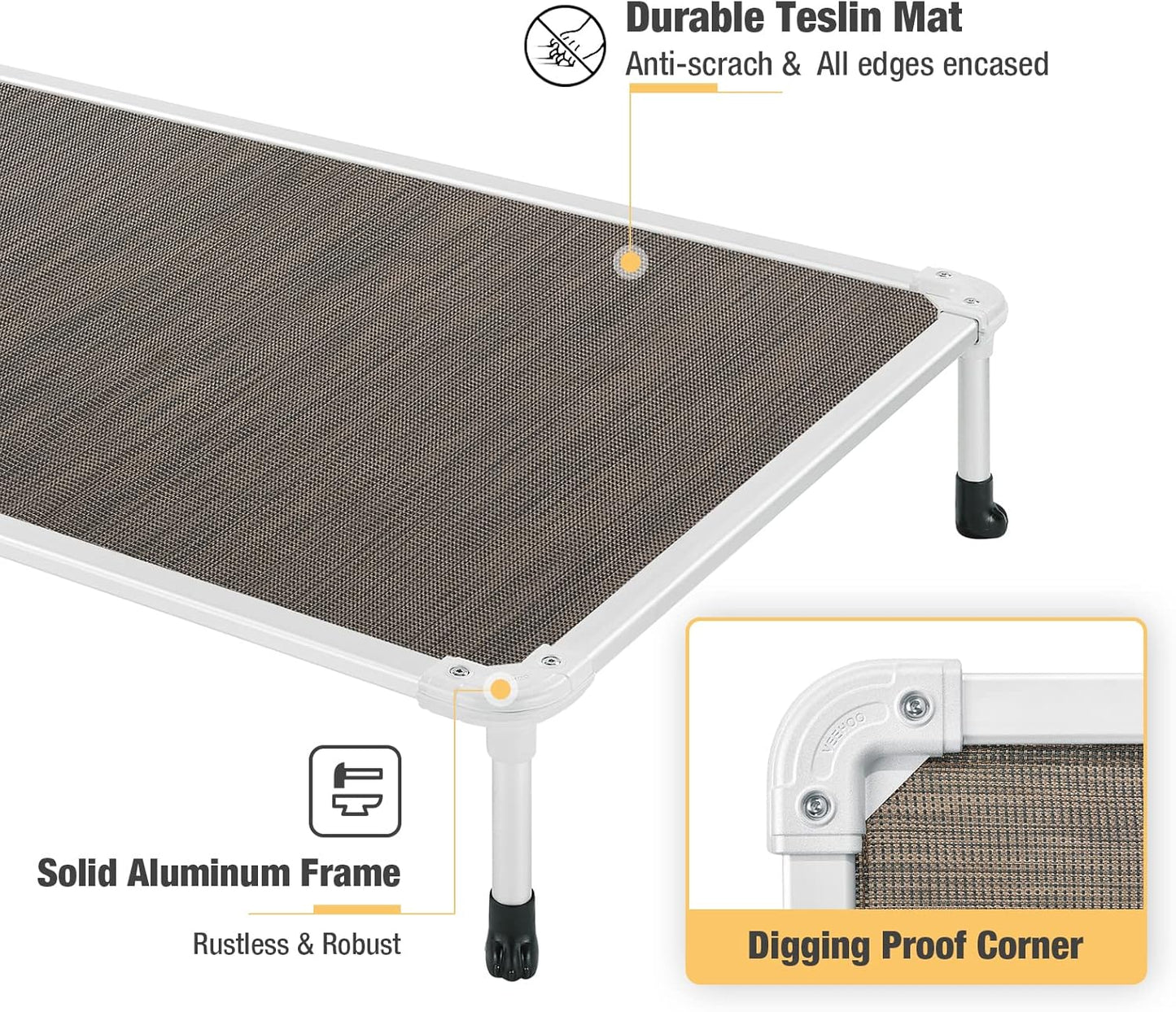 Veehoo Chew Proof Elevated Dog Bed - Cooling Raised Pet Cot - Silver Aluminum Frame and Durable Textilene Mesh Fabric, Unique Designed No-Slip Feet for Indoor or Outdoor Use, Brown, Large, CWC2003