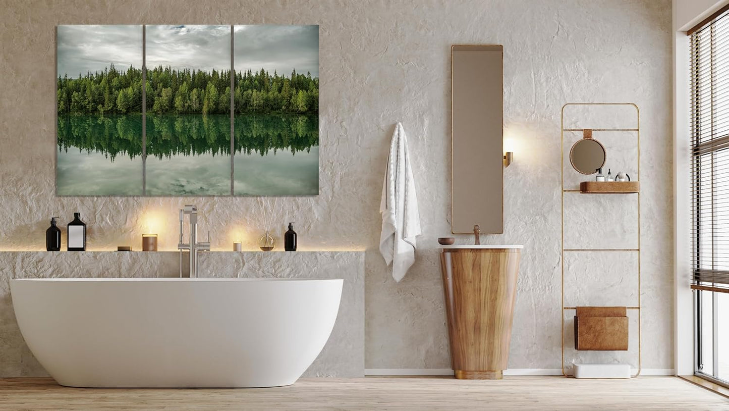 Nature Wall Art Prints - Ocean Forest Mountain Lake Canvas Landscapes - Small to Extra Large Living Room Bedroom Kitchen Bathroom Décor (Forest Reflection, 55L" x 83W"- 3 Panels)
