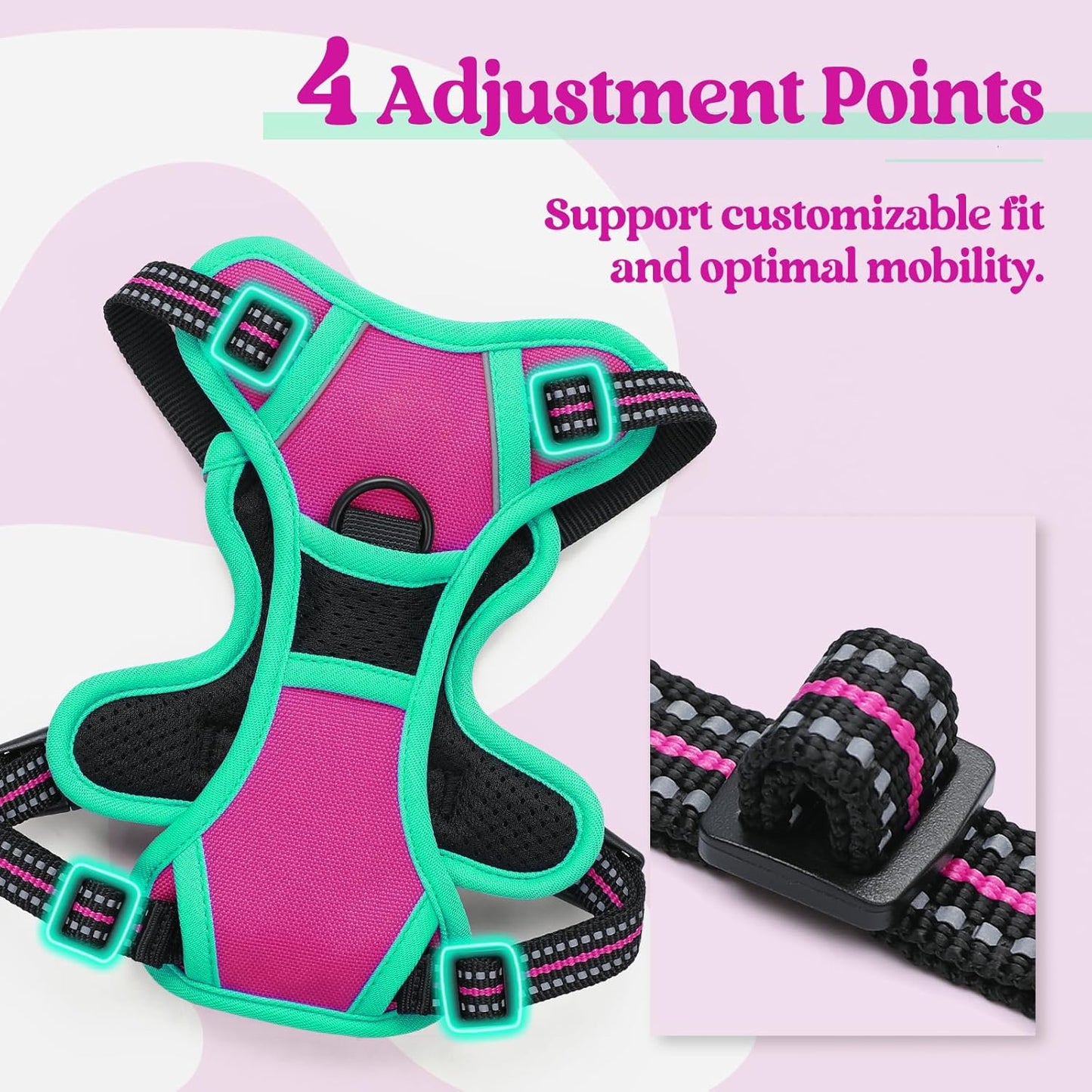 rabbitgoo Dog Harness No Pull with 2 Leash Clips, Adjustable Soft Padded, Reflective Oxford No Choke Pet Vest with Easy Control Handle for Large Dogs, Hot Pink & Turquoise, XS