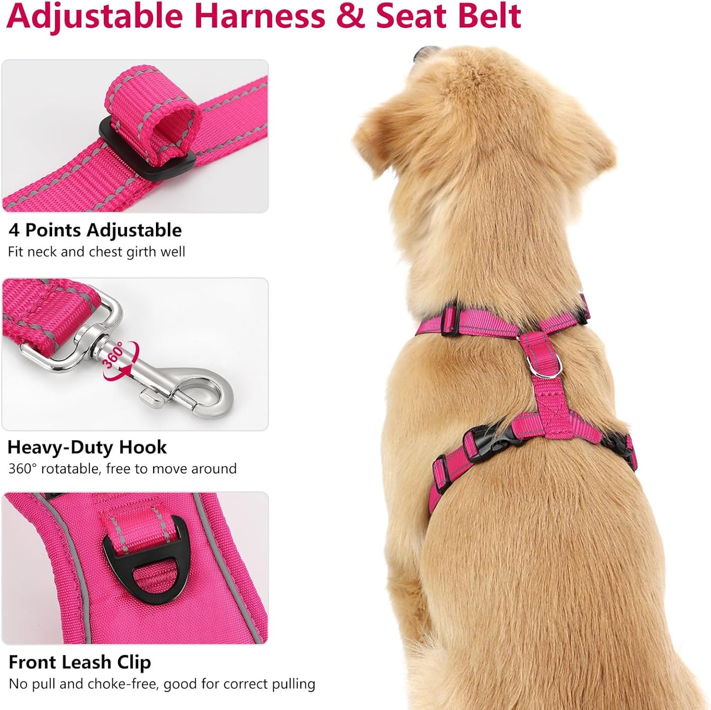 Dog Seat Belt Harness for Car, Dog Car Harness Adjustable Mesh Breathable & Dog Seatbelt Safety Tether with Elastic Bungee for Small Medium Large Pets(Rose, XL)