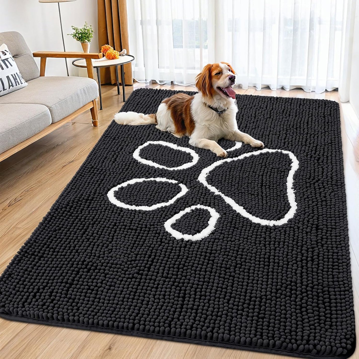 Smiry Dog Door Mat for Muddy Paws, Absorbent Dirt Trapper Non Slip Quick Dry Washable Chenille Mat for Mud Dogs, Entry Rug for Indoor and Outdoor (71x46 Inches, Black)